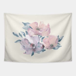 Watercolor of pink and purple flowers over blue background Tapestry
