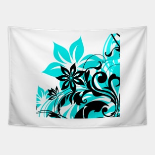 Aqua Black Floral Art Tapestry