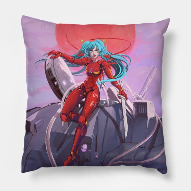 The Red Robot Anime Girl Robot Pillow by Jay Spotting