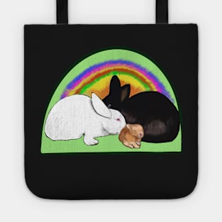 Cute bunny rabbit family, mama, papa and baby, albino, black and ginger bunnies with a rainbow tie die background Tote