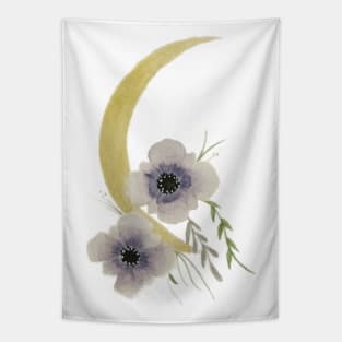 Golen Cresent Moon watercolor painting with violets Tapestry