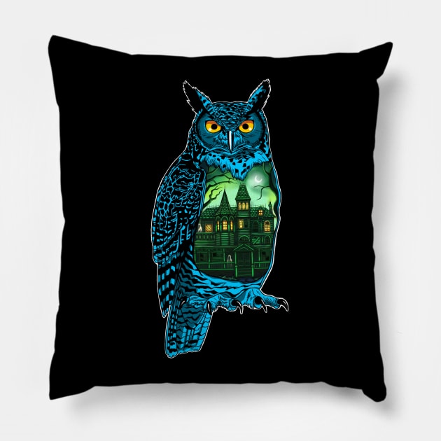 Halloween Owl with Haunted House Pillow by SierraTiegsArt