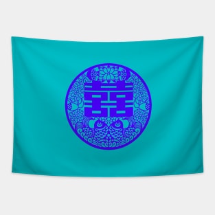 Double Happiness Light Turquoise with Deep Blue Symbol - Happy Hong Kong Tapestry