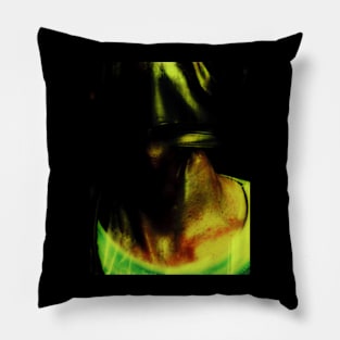 Portrait, digital collage and special processing. Neck close up. Strong guy in leather mask. Green and yellow. Pillow