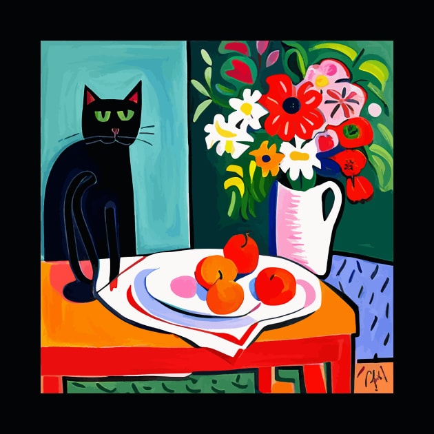 Black Cat with Still Life Flowers in a White Vase Still Life Painting by bragova