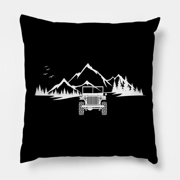 Willys Off Road Mountain Adventure Scene (white) Pillow by SunGraphicsLab