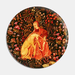 LADY AND UNICORN AMONG FLOWERS ,HARES,Red Brown Green Floral Pin