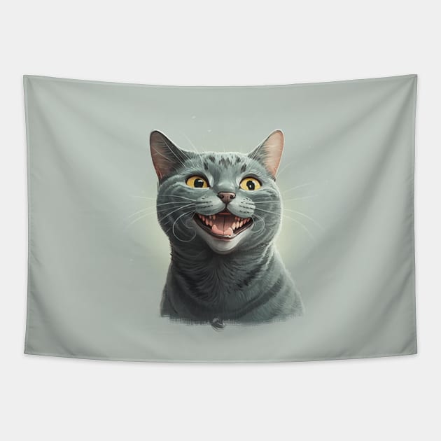 Illustration of funny grey haired cat looking to the side Tapestry by KOTYA