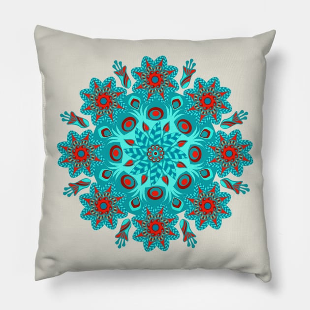 Mandala Red Aqua Teal Floral Pillow by bragova