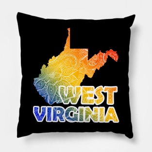 Colorful mandala art map of West Virginia with text in blue, yellow, and red Pillow