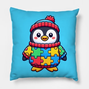 Autism Awareness Penguin With Puzzle Piece Sweater Pillow