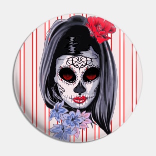 Red White and Black Striped Graphic & makeup mask,floral,flower skull Pin