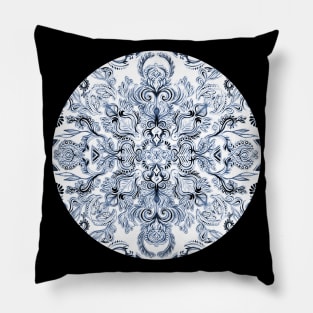 Indigo, Navy Blue and White Calligraphy Doodle Pattern Pillow