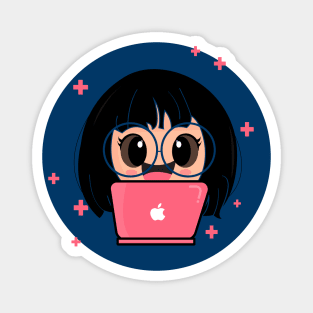 Cute Girl with Laptop Cartoon Magnet