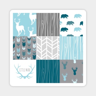 Little Man Patchwork Squares - Woodland Blue and Grey Magnet