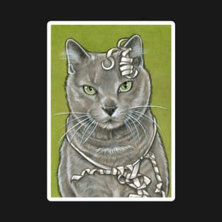 Gray Kitty With Ribbon - White Outlined Version T-Shirt