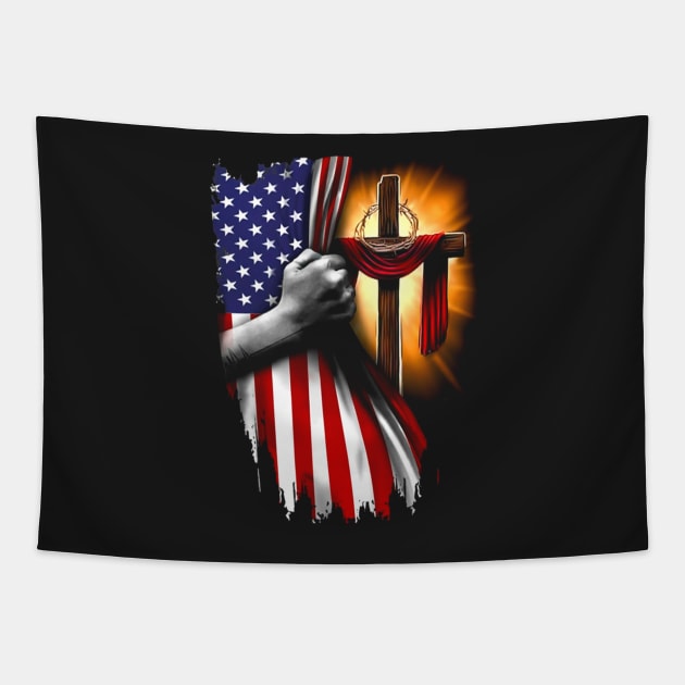 American Flag Cross Jesus Hand Pride Christian Nurse Heartbeat Tapestry by ANGELA2-BRYANT