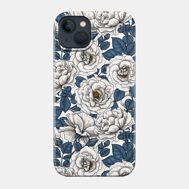 White roses with blue leaves on white - Roses - Phone Case