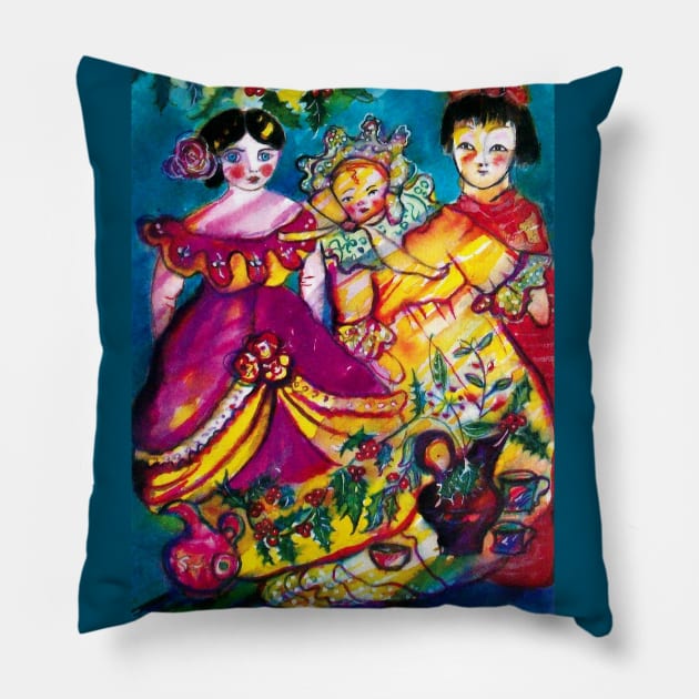 BEAUTIFUL ANTIQUE DOLLS CHRISTMAS DECOR WITH HOLLY BERRIES Pillow by BulganLumini