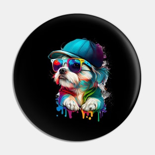 Colourful cool Malteser Terrier dog with sunglasses and Cap Pin