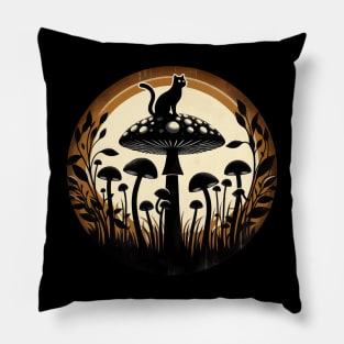 Funny Vintage Black Cat in Mushroom Garden Pillow