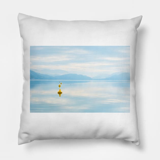 Peaceful Lake View with Misty Mountains - Skaha Lake Pillow by Amy-K-Mitchell