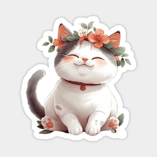 Kawaii Cat and Flowers Magnet