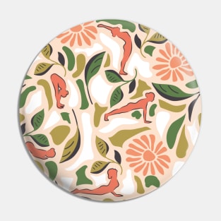 Sun Salutation- Gratitude Yoga in a Flower Garden- Peach Green on Light Apricot Pin