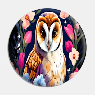 Cute European Barn Owl Surrounded by Bold Vibrant Spring Flowers Pin