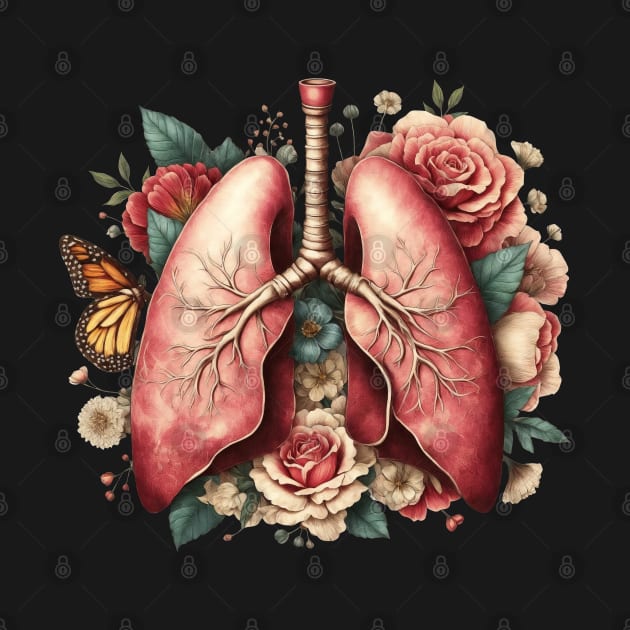 lungs cancer awareness, bloom roses floral, anatomy, watercolor, vintage style by Collagedream