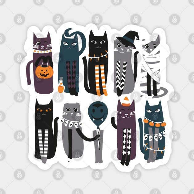 High Gothic Halloween Cats // print // grey background orange grey pine green white and black kittens Magnet by SelmaCardoso