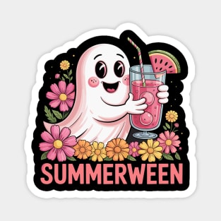 Cute Summerween Ghost | Retro Spooky Beach Vibes | Floral Halloween Aesthetic | Ghost With Drink | Vintage Boo | Summer Ghost Magnet