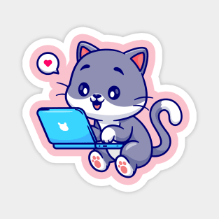 Cute Cat Working On Laptop Cartoon Magnet