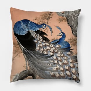 Two peacocks on tree branch by Ohara Koson Ukiyo-e Japanese art Pillow