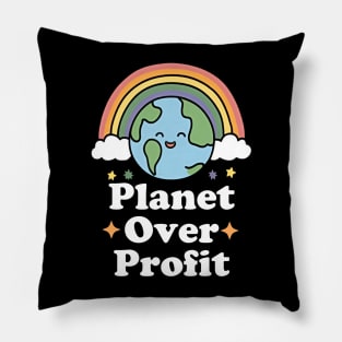 Planet Over Profit Earth day design with cute rainbow Pillow