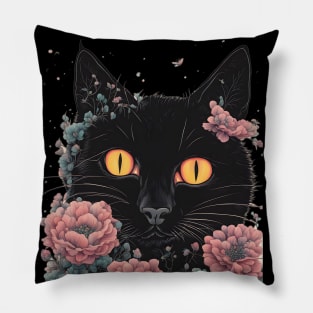 Black cat Aesthetic floral Pillow