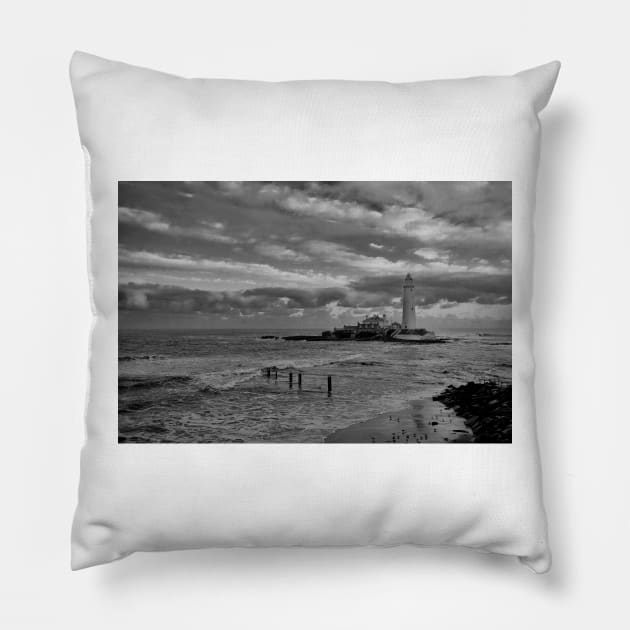 Sanderlings at St Mary's Island - Monochrom Pillow by Violaman