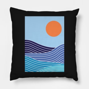 Minimalist Navy Blue Ocean Waves And Sunset Graphic Art Pillow