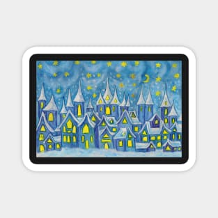 Fairy winter town in blue colours Magnet