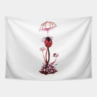 Ladybug climbing pink mushrooms Watercolour Painting Tapestry