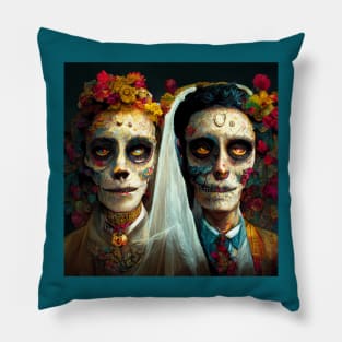 Day of the Dead wedding couple in bright colors. Pillow