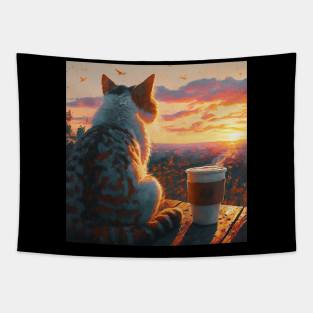 funny cat watching sunset with coffee, funny cats and coffee, cats lover Tapestry