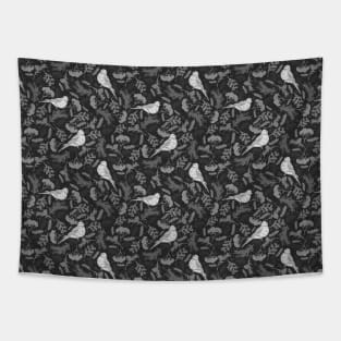 Black and White Floral Pattern With Birds Tapestry