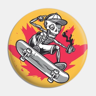 Skateboarding Skeleton with Coffee Pin