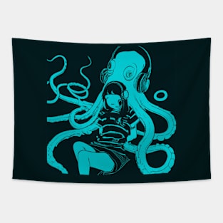 Girl and Octopus Relax with Headphones Tapestry