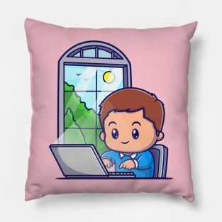 Cute Boy Working On Lapop Cartoon Pillow