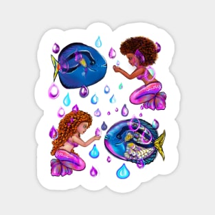 Best fishing gifts for fish lovers 2022. anime mermaid with blue tang fish and rain drops. Cute black  and white girls with Afro hair, green eyes, Cherry pink lips and dark brown skin. Hair love ! Magnet