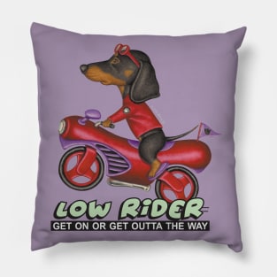 Cute adorable Black Doxie Dachshund Riding vintage classic Motorcycle Pillow