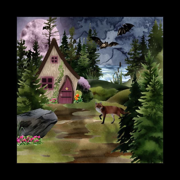 Dark Cottage: A full moon with bats and fox by Valkyrie's Designs