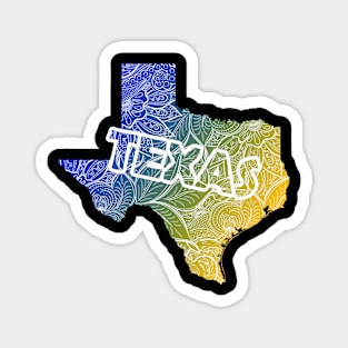 Colorful mandala art map of Texas with text in blue and yellow Magnet